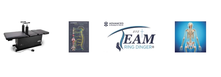 A chiropractic adjustment table, diagram illustrating the autonomic nervous system, logo for "Advanced Chiropractic Relief" with "XYZ Team Ring Dinger®